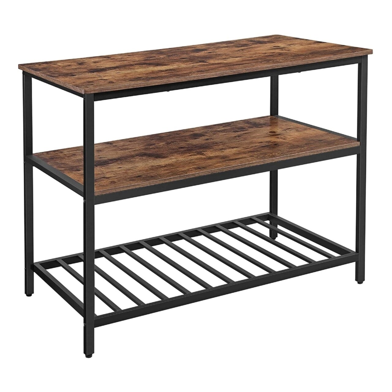 Saltoro Sherpi Hugh 47 Inch Wood Kitchen Island, Slatted Metal Shelf, Rustic Brown, Black-